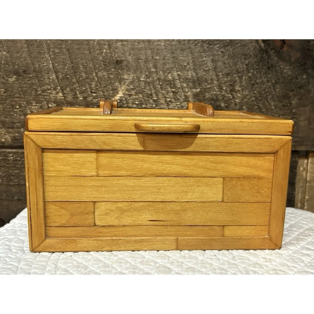 Hand‎ Crafted Bamboo Wood Jewelry Keepsake Box Vintage Blue Inside